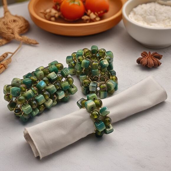 Pier 1 Gold & Green Beaded Glass Napkin Rings Set of 8 – Vintage Table Decor - Picture 1 of 7